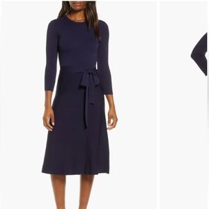 Eliza J A-line 3/4 Sleeve Crew Tie Waist Dress in Navy Blue Stretch Knit, M NWT